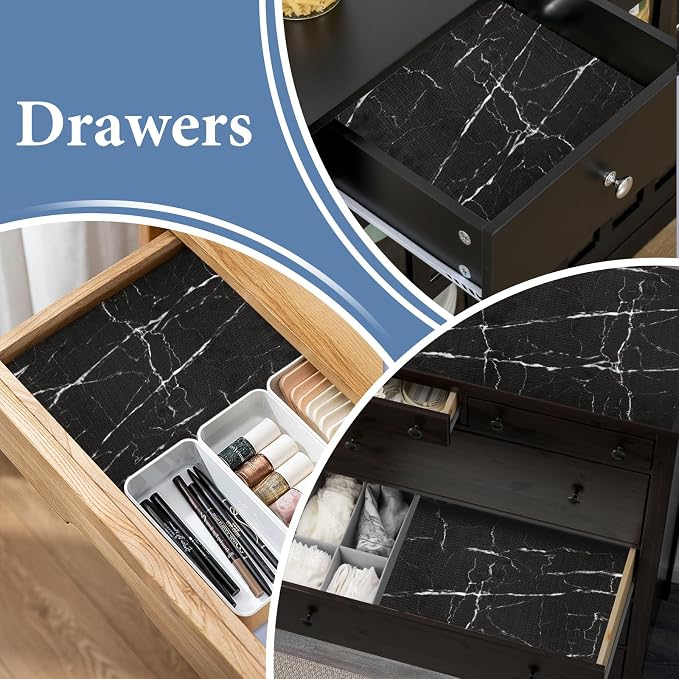 Drawer and Shelf Liner for Kitchen Cabinet: 23.6in X 20Ft Non Slip | Waterproof Shelf Paper Non Adhesive Refrigerator Liners Black Marble Easy Liners for Bathroom with Knife Tape Measure - Image 5