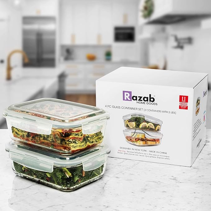 Razab 8 Cups / 63 Oz 4 PC + 6.5 Cups / 52 Oz 4 PC Large Glass Food Storage Containers with Lids - Glass Meal Prep Containers BPA Free Oven & Microwave Safe - Image 9