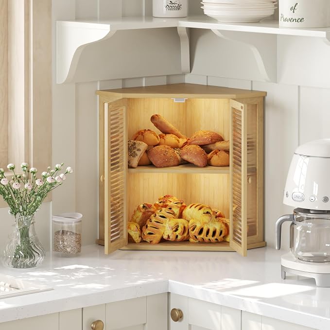Corner bread box Bread Box for Kitchen Countertop - Corner Bread Storage Box 16.5" H, Premium Wood with Glass Door, Perfect for Homemade Bread, Baguettes & Pastries (Baoboo wood) - Image 5