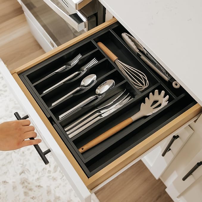 Silverware & Utensil Drawer Organizer, 14.5-25 in, Black Bamboo | Cutlery, flatware, food-safe contract grade, kitchen drawer fit - Image 7