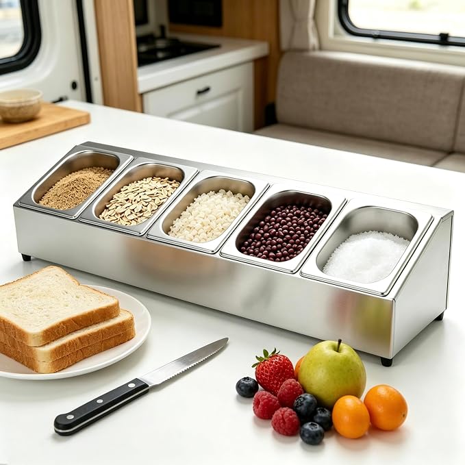 5 Pans Pizza Toppings Station Condiment Organizer Container Food Prep | Ingredients Holder Spice Rack Stainless Steel Candy Container Set with 5 Pans & Lids for Food Truck Restaurant Kitchen Buffet - Image 6