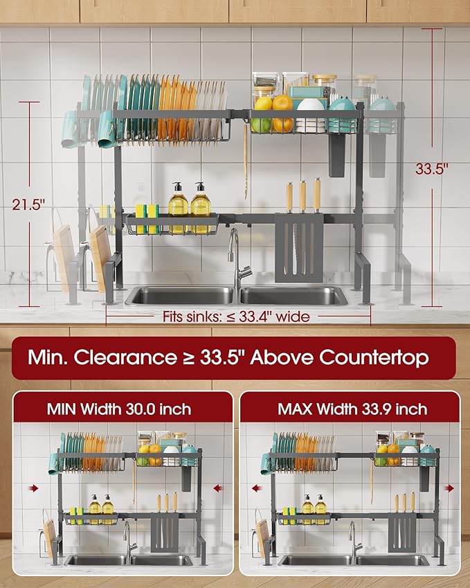 Sakugi Over The Sink Dish Drying Rack - Adjustable 2 Tier Large Capacity Stainless Steel Drainer with Cutlery & Utensil Holders, Kitchen Storage & Organization, 30"-33.9" L x 11" W x 21.5" H, Gray - Image 5