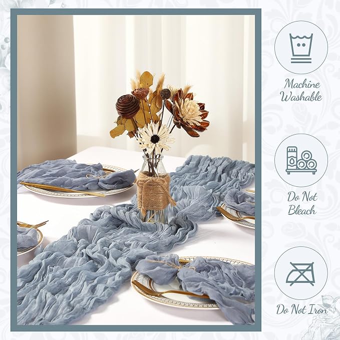 Pcs Cheesecloth Napkins and Table Runners Set, 10 ft Cheese Cloth Table Runners Boho Wedding Decor Rustic Wrinkled Gauze Napkins for Wedding Birthday Party Baby Shower(Gray Blue,26) - Image 5