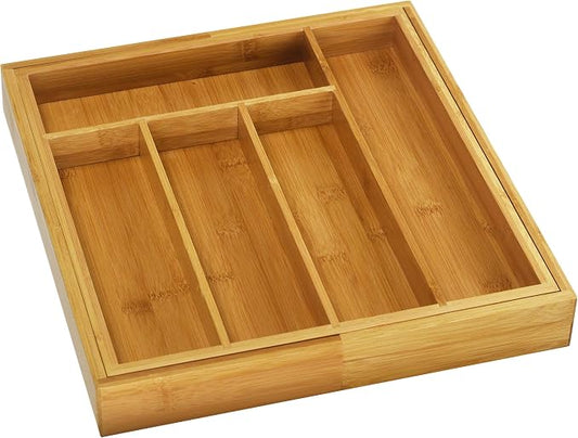 YBM HOME Pack of 6 Kitchen 100% Bamboo Utensil, Flatware, Cutlery Drawer Organizer Tray 340 (5 Compartment Adjustable) by YBMHome