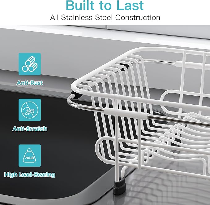 JASIWAY White Dish Drying Rack in Sink with Utensil Holder, RV, Apartment | Over Sink Expandable Stainless Steel Dish Drainers for Compact Kitchen, Space Saving, Fast Drain, Rustproof, For 1-2 people - Image 7