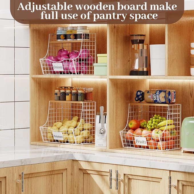 3 Pack Hanging Fruit Basket for Kitchen with Wood Lid - Onion and Potato Storage Fruit Bowl with Nameplate for Counter&Wall Mounted, Stackable Storage Basket,11.81 * 8.66 * 10.63inch - Image 6