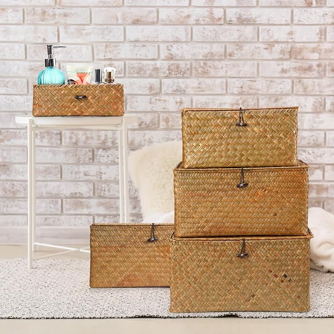 6 Pcs Seagrass Basket with Lid Wicker Storage Decorative Boxes with Lids Bin Woven Organizer for Shelf Closet Bedroom, 6 Sizes(Classic Style,Yellow Brown) - Image 6