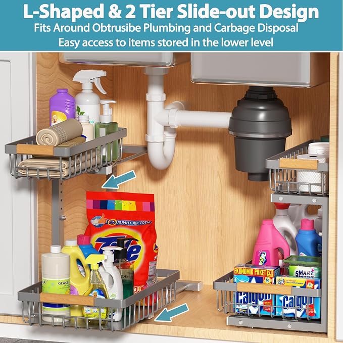 Liuoud Under Sink Organizer 2 Pack, 2 Tier Slide Out Large Capacity Height Adjustable Under Sink Organizers and Storage for Kitchen Bathroom Cabinet, Grey - Image 8