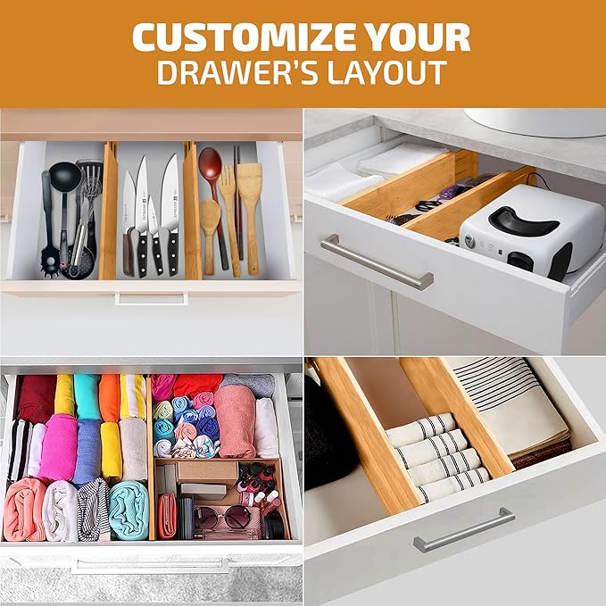 6-Pack Deep Drawer Dividers 4-Inch High Dresser Drawer Organizer, Bamboo | Adjustable 11.5-17 Inch Spring-Loaded Separators for Clothes, Utensils, Socks, Bedroom, Bathroom, Kitchen, Office, No Tools - Image 3
