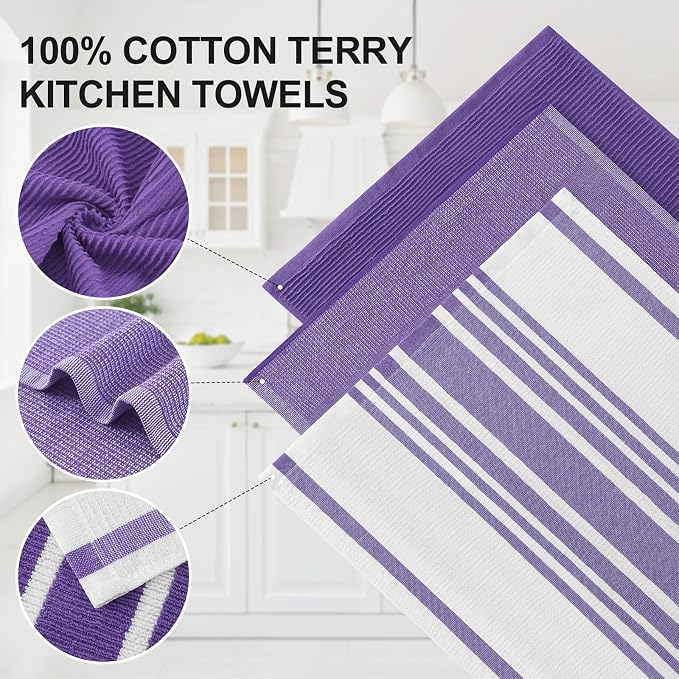 Homaxy Cotton 380 GSM Premium Kitchen Towels, 18"x 28", 9 Pack, Purple | Soft and Absorbent Terry Dish Towels, Multipurpose Tea Towel Set with Hanging Loop, 3 Styles Kitchen Hand Towels - Image 2