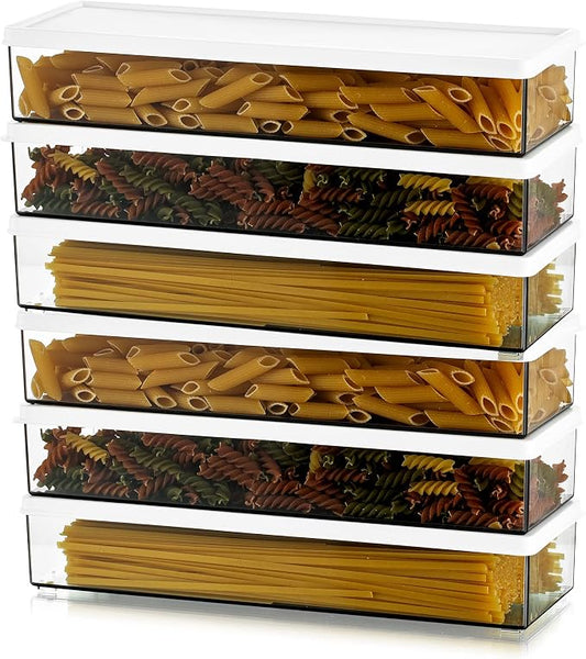 Hanobe Large Airtight Pasta Storage Containers, BPA-Free, 2.4L, 6-Pack | Stackable rectangular design, fits spaghetti, lasagna, noodles, clear plastic, for kitchen pantry and fridge by Hanobe