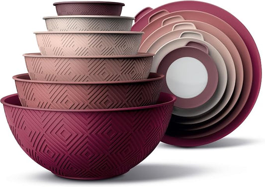 COOK WITH COLOR Mixing Bowls with Lids - 12 Piece Plastic Nesting Bowls Set includes 6 Prep Bowls and 6 Lids, Microwave Safe Mixing Bowl Set, Rose Rhombus by CookwithColor