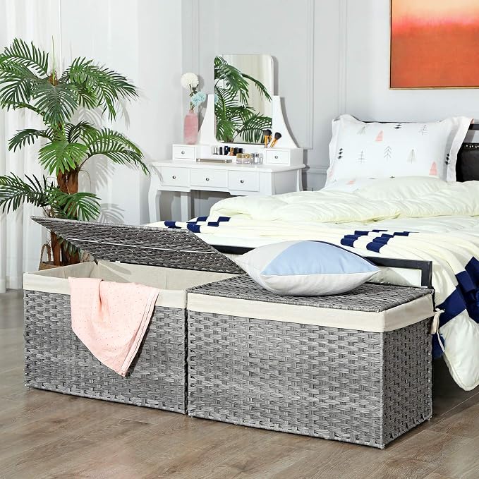 SONGMICS Storage Basket with Lid, Woven Blanket Storage Bin with Handles, Foldable, Removable Liner, Metal Frame, for Bedroom, Laundry Room, 42.3 Gallons (160 L), Gray URST76WG - Image 2