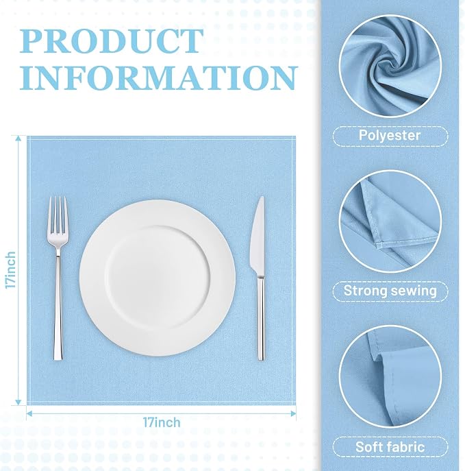 SuperO Set of 80 Cloth Napkins 17 x 17 Inch, Polyester Solid Washable Dinner Napkins with Hemmed Edges,Great for Restaurant, Wedding and Party(Blue Mist) - Image 3