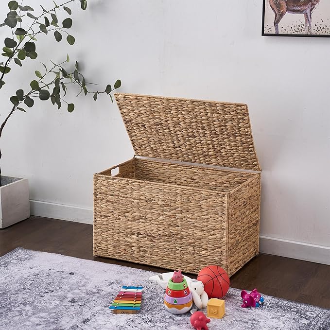 Water Hyacinth Storage Basket with Lid, 52.8 Gallon (200L) Wicker Storage Trunk with Handles, Handwoven Large Wicker Storage Basket for Blanket, Foldable, for Living Room, Bedroom, Natural - Image 2