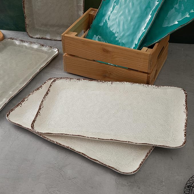 LEHAHA Farmhouse Large Serving Platters, 2 Piece Melamine Dinnerware Set, 17.5 x 10 Inches Vintage Serving Tray, Rectangle White Rustic Trays Set of 2 - Image 4