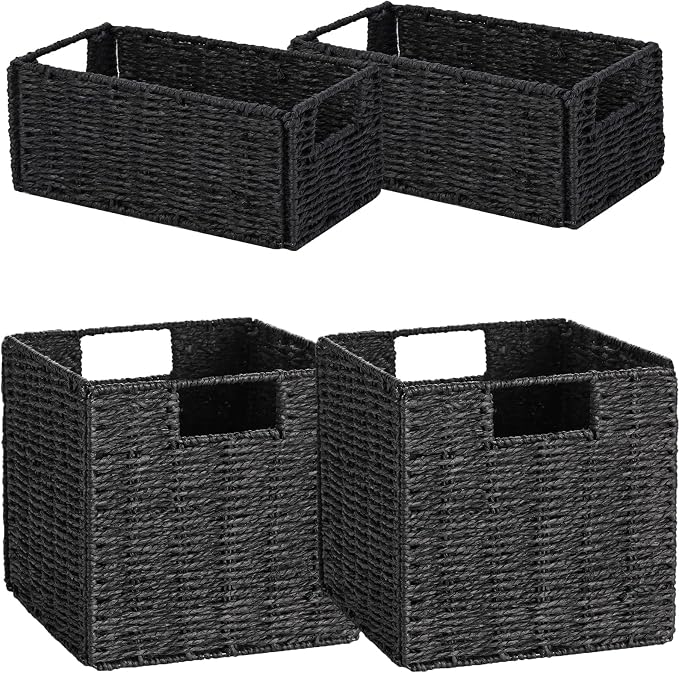 Wicker Baskets for Storage, Set of 4 Hand-Woven Storage Baskets for Shelves, Foldable Cube Storage Baskets Bins with Handles, Small Wicker Baskets for Organizing Pantry Bedroom, Black by Vagusicc