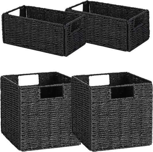 Wicker Baskets for Storage, Set of 4 Hand-Woven Storage Baskets for Shelves, Foldable Cube Storage Baskets Bins with Handles, Small Wicker Baskets for Organizing Pantry Bedroom, Black by Vagusicc