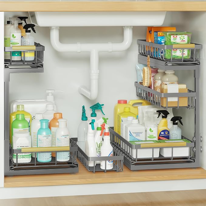 Under Sink Organizer and Storage for Bathroom and Kitchen - 2 Pack 3 Tier Cabinet Pull Out Shelf Organizers - Slide Out Drawer Organization for Home Cabinets Shelves and Drawers by Aekenr