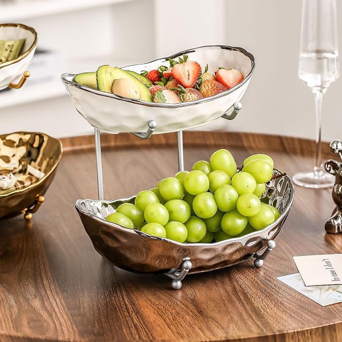 2-Tier Fruit Bowls for Kitchen Counter,Ceramic Bowl with Silver Metal Stand,2 Tier Fruit Basket for Fruit,Snack,Cake,Nuts,Dessert Space Saving Storage - Image 5