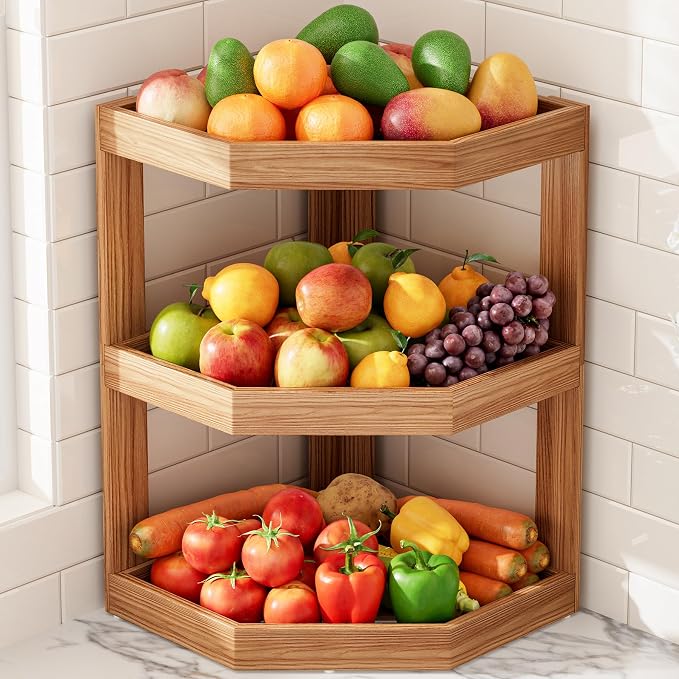 3 Tier Wooden Corner Fruit Basket Vegetable Storage Holder | Kitchen Organizer, Potato Stand, Onion Rack, For Counter & Countertop, Anti-Slip Base, Space-Saving, Long-Lasting by BEVAURORA