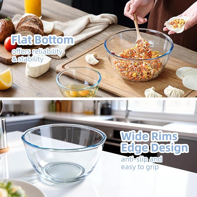 WhiteRhino Glass Mixing Bowls Glass Bowls with Lids Set(4.5QT,2.7QT, 1.1QT),Large Salad Bowls,glass mixing bowl Space-Saving Nesting Storage bowls for Cooking,Baking,Prepping,Dishwasher Safe - Image 6