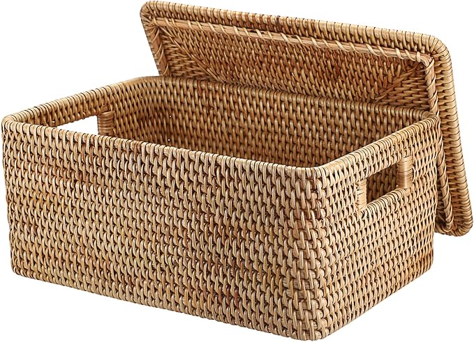 Hipiwe Rattan Basket With Lid Rectangular Lidded Basket Wicker Storage Bin | Hand-Woven Natural Basket Box for Shelf Organizing Picnic Food Bread Table Storage Basket, 15.1 x 11.2 x 7.3 Inch by Hipiwe