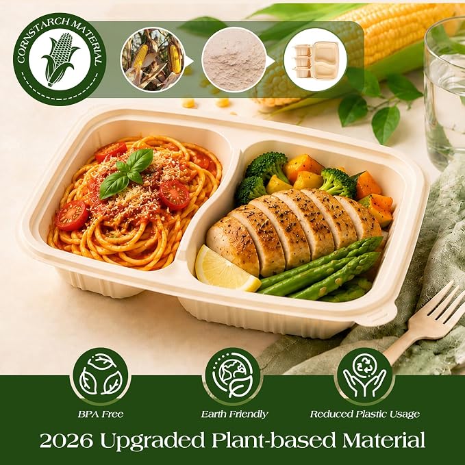 100 Piece (50 Pack) Meal Prep Containers Reusable - 2 Compartment 32 oz Cornstarch Snack Containers with Lids - Plastic Food Storage Salad Containers - To Go Lunch Box - Microwave & Freezer Safe - Image 3