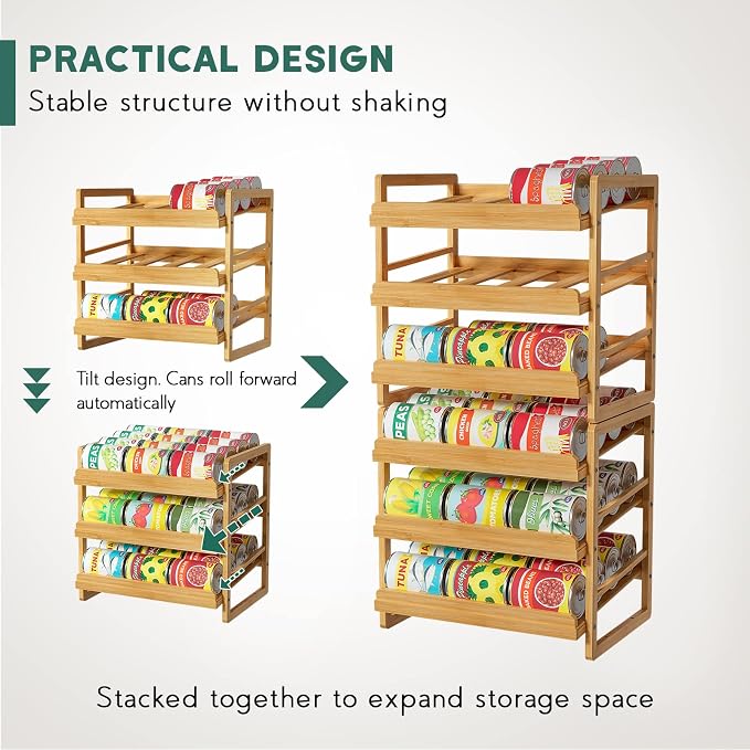 Bamboo Can Organizer for Pantry, 3 Tier Stackable Can Storage | Rolling Can Organizer Pantry with Label Sticker and Marker Pen, Can Holders for Cabinet and Can Rack Organizer - Image 4