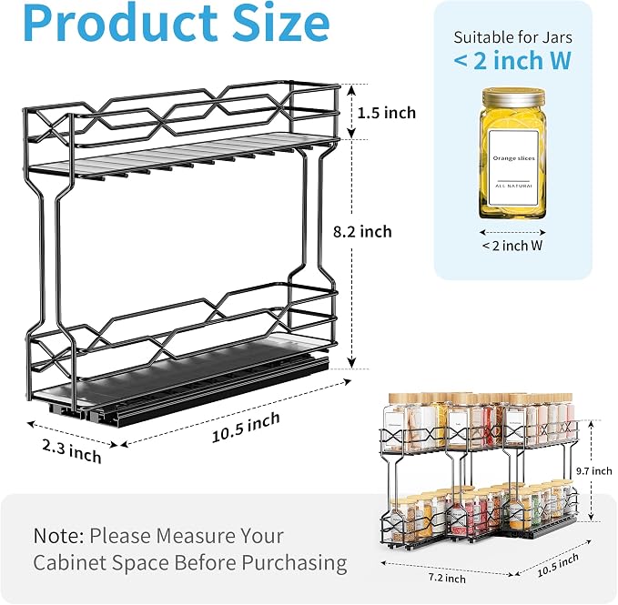 BOIVSHI Pull Out Spice Rack, Spice Organizer for Cabinet-2.3"W×10.5"D×9.7"H | 3 Pack Spice Racks for Inside Cabinets, Metal No Drill Install Spice Rack Organizer for Cabinet, Black - Image 2