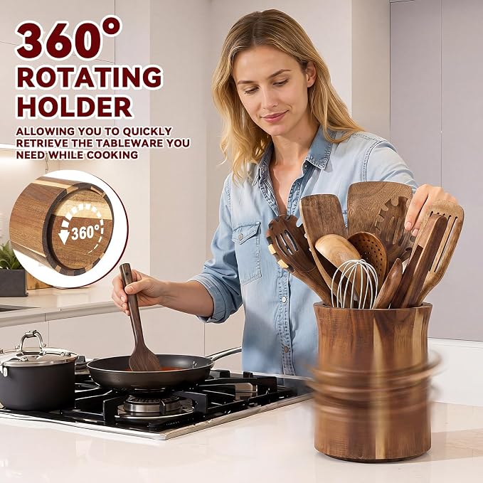 SiliFine 11 Pcs Wooden Kitchen Utensils Set with 360° Trumpet Rotating Holder Acacia Wood Cooking Utensils with Holder Cooking Spoons Spatulas for Nonstick Cookware Countertop Kitchen (Natural) - Image 3