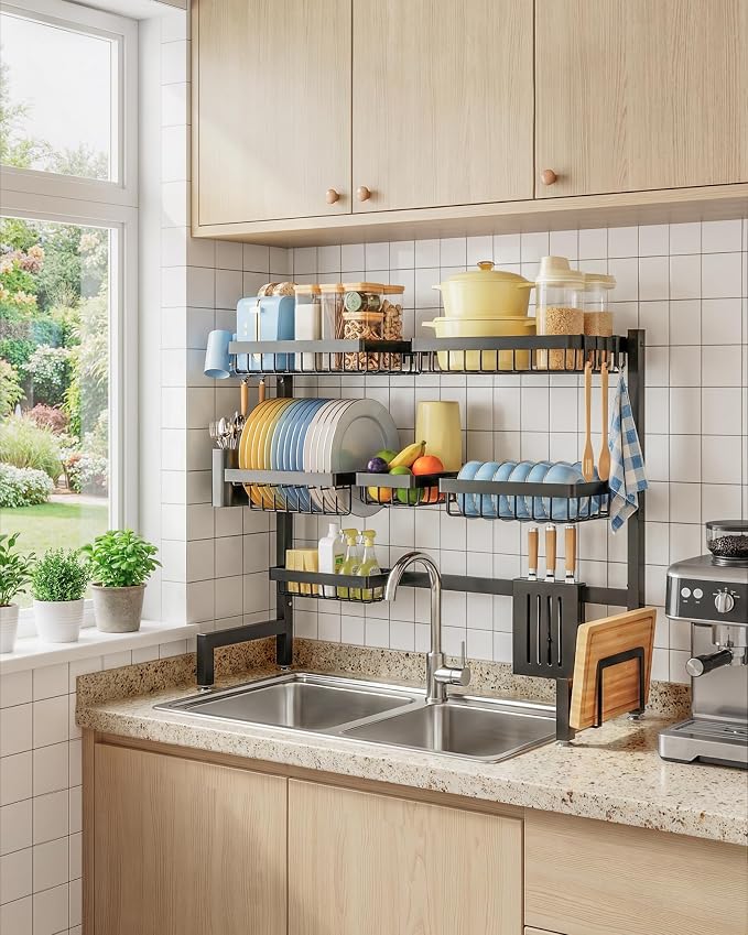 Sakugi Dish Drying Rack Over The Sink, Dish Drainer for Kitchen Counter | Stainless Steel Storage Organizer with Utensil Knife Holder & Hooks, Adjustable 11.8"Dx31.5"~39"Wx30"H, Black - Image 7