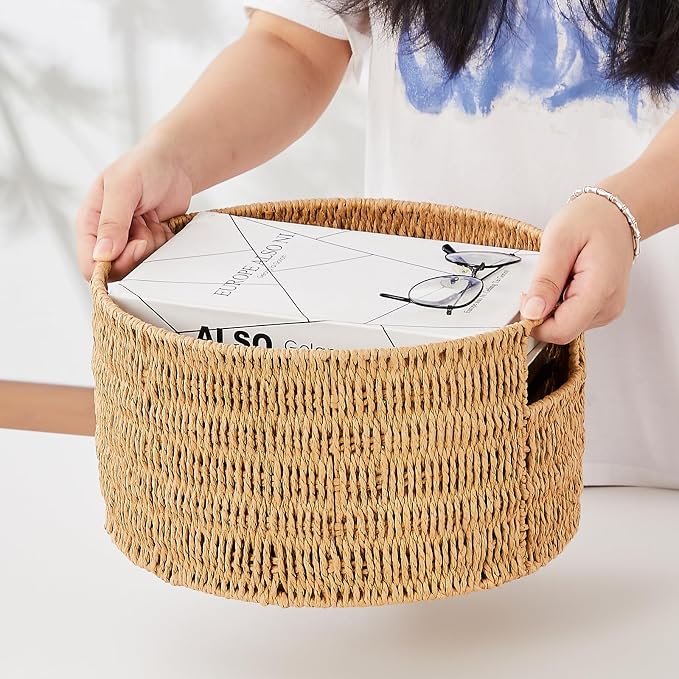 Wicker Storage Basket, Hand-Woven Paper Rope Large Round Woven Basket With Handles, Wicker Baskets for Organizing/Storage, Natural, 3-Pack - Image 3