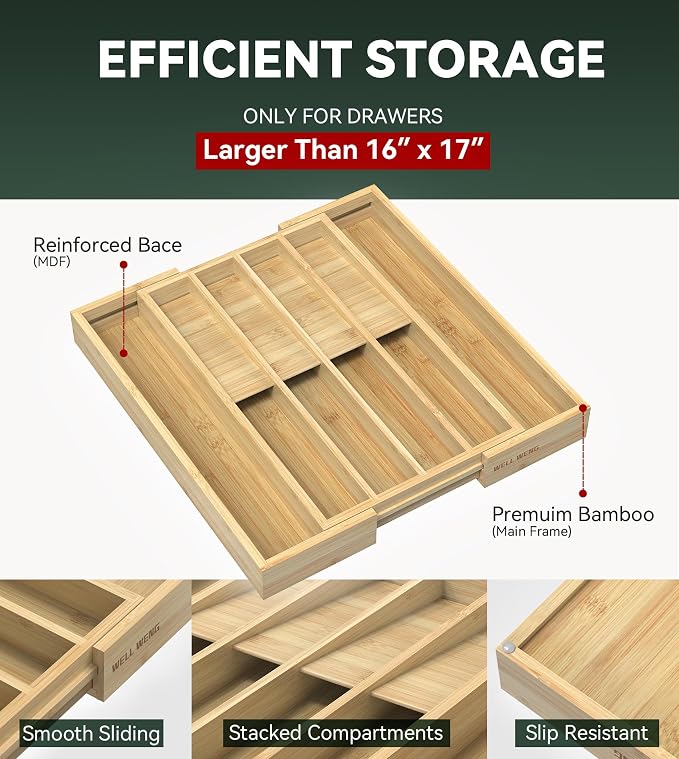 Expandable Silverware Drawer Organizer for Utensil,Bamboo 10 Slot | 10.6”-16" Wx16.7”Dx1.97”H, Vertical Storage, Kitchen Cutlery Tray Dividers for Spoons Forks Knives - Image 4