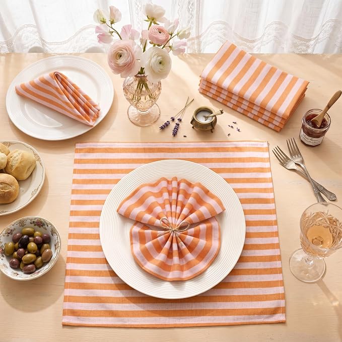 Funnymoom 12 Pcs Orange Pink Striped Cloth Napkins Reusable Napkins Party Dinner Soft Absorbent for Home Table Decoration Holiday Party Kitchen Supplies - Image 2