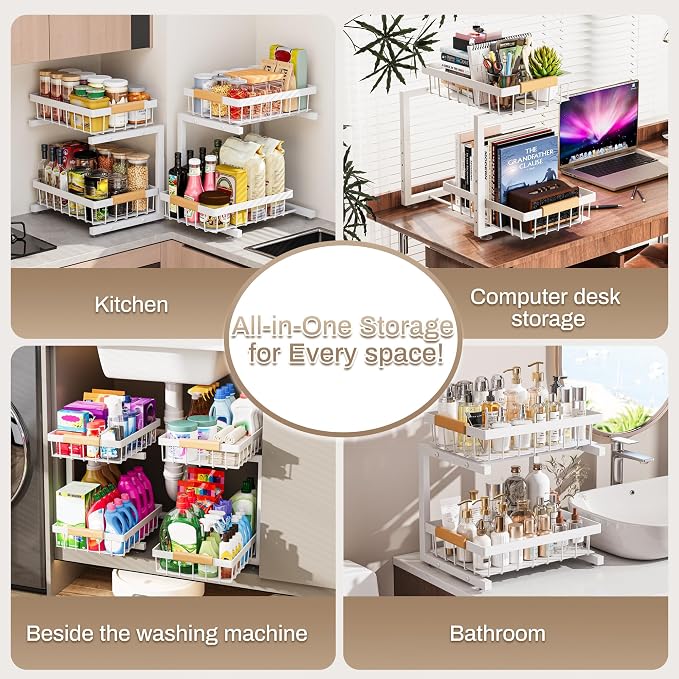 ADBIU Under Sink Organizer 2 Pack, Adjustable Height (11"-15.75") Under Cabinet Storage, 2 Tier Pull Out Sliding Drawers for Kitchen Bathroom, Heavy Duty Metal Shelf, White - Image 3