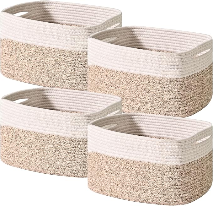 ICERZCZ Storage Baskets for Shelves, Woven Storage Basket, Bins for Cube Storage, Cotton Rope Basket with Handles for Toy, Book, and Clothes Living Room, (4 Packs) Off White & Brown by ICERZCZ