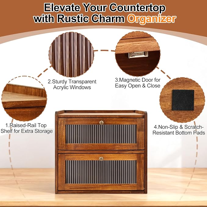 Alpeir Wooden Bread Box for Kitchen Countertop, Large Double Layer, Brown | Food-Safe Pine Wood, Double-Row Ventilation, Strong Acrylic Window, Raised Top Shelf, Easy Care, Farmhouse Corner Container - Image 7