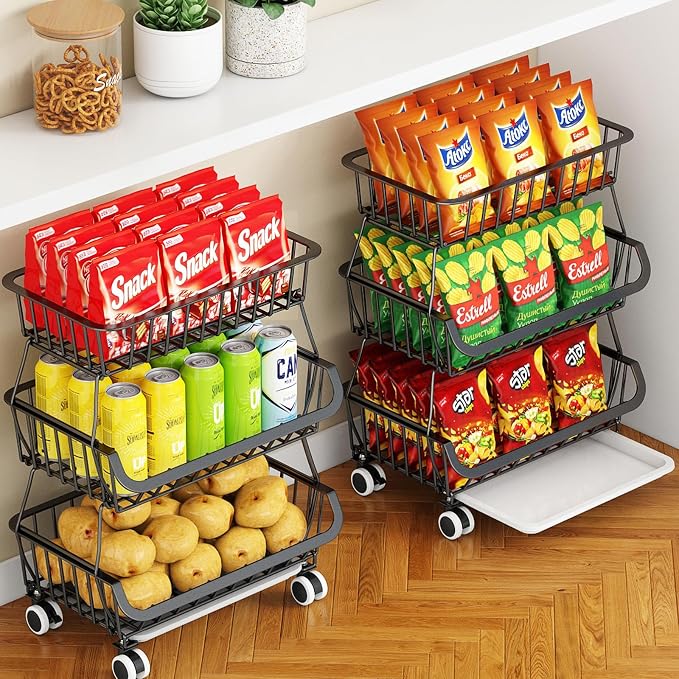 3-Tier Rolling Pantry Cart with Wheels, Stackable Wire Storage Floor Organizer for Kitchen Pantry Snack Shelves, Fruit Basket Stand, Vegetable Storage Rack for Food Snacks Onion Potato by MiyawellOfficial