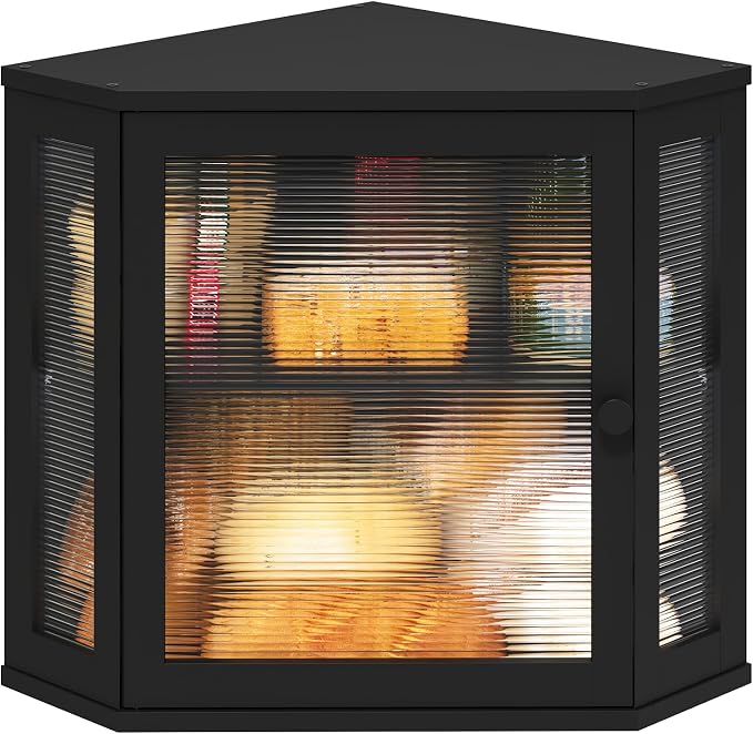 viewcare Corner Bread Box for Kitchen Counter, Bamboo Wood Black Bread Box, Large Capacity Bread Storage Bin with Acrylic Wavy Door Panel (Black, Meduim) by VIEWCARE