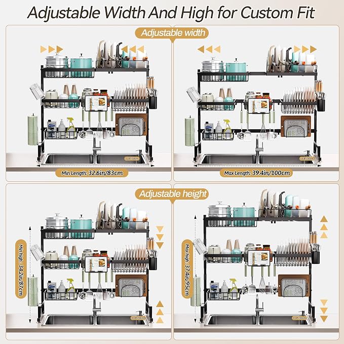 ADBIU Over Sink Dish Drying Rack (Expandable Height/Length) Snap-On Design Large Dish Drainer Storage Counter Organizer 32-40L x 12W x 34-38H (inches) - Image 2