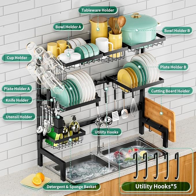 Over The Sink Dish Drying Rack,Expandable Length 3-Tier Large Stainless Steel Over The Sink Dish Rack with 6 Baskets, Utensil Holder Dish Drainers for Kitchen Counter | Stainless Steel, with 6 Baskets & Utensil Holder, for Kitchen Counter, Black - Image 2