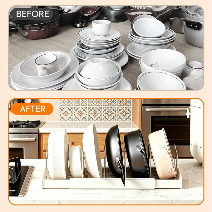 Pots and Pans Organizer under Cabinet, Expandable Adjustable Pot Lid Organizer Rack with 9 Stainless Steel Dividers, Food Storage Container Lid Holder for Kitchen Countertop Storage (White) - Image 4