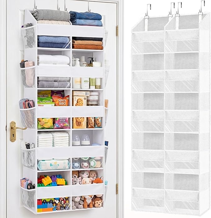 Over The Door Organizer 5 Tiers, Extra Large Behind Door Storage of 10 Compartments, 80 lbs Weight Capacity Hanging Storage Organizer with Clear Window Kids Toys, Shoes,Diapers, Room Storage, White by Ofiray-home