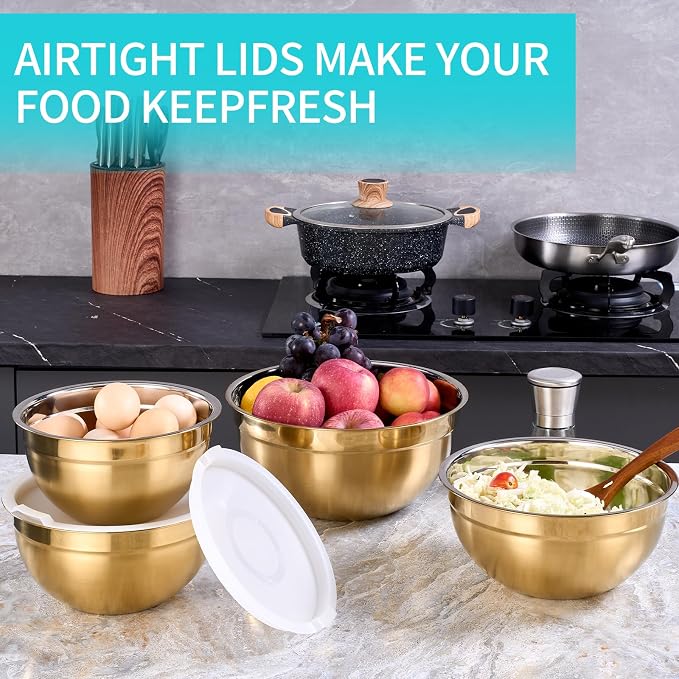 4 Piece Gold Mixing Bowls With Lids for Kitchen, Stainless Steel Set Ideal for Baking, Prepping, Cooking and Serving Food, Nesting Metal Bowls for Space Saving Storage - Image 6