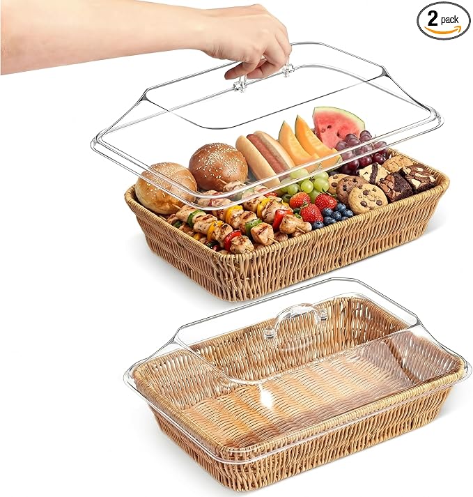 2 Set Wicker Bread Basket for Serving with Acrylic Lid Cover Imitation Rattan Bread Basket Woven for Fruit Summer Picnic BBQ Pool Party Outdoor Housewarming Gift(15.75" X 11.81",13.78" X 9.84") by Ziliny