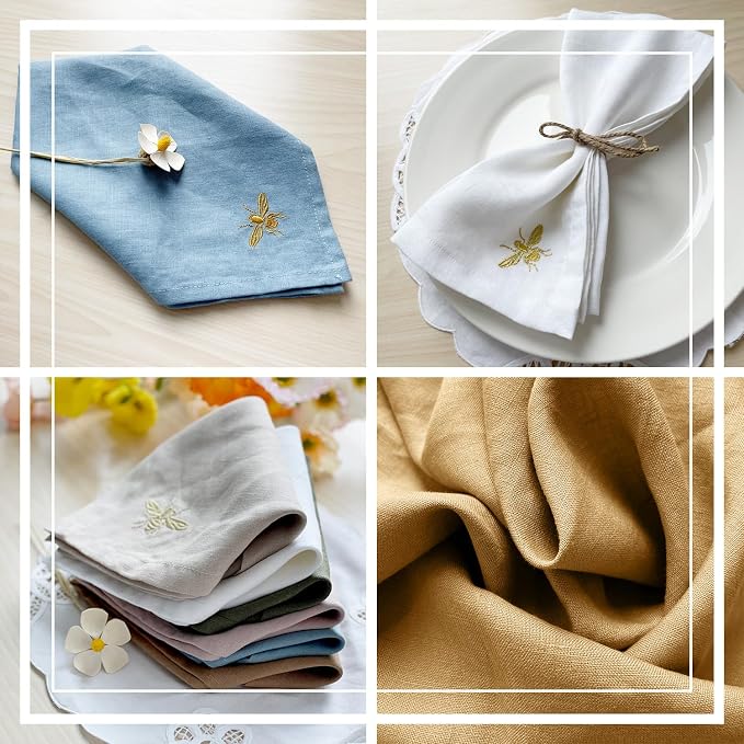 DerF HOME Embroidered Linen Napkins, White, 18x18 Inch, Set of 4 | 100% Pure Linen Cloth Dinner Napkins with Elegant Embroidery, Reusable Washable Table Napkins for Wedding, Party & Home Decor - Image 7