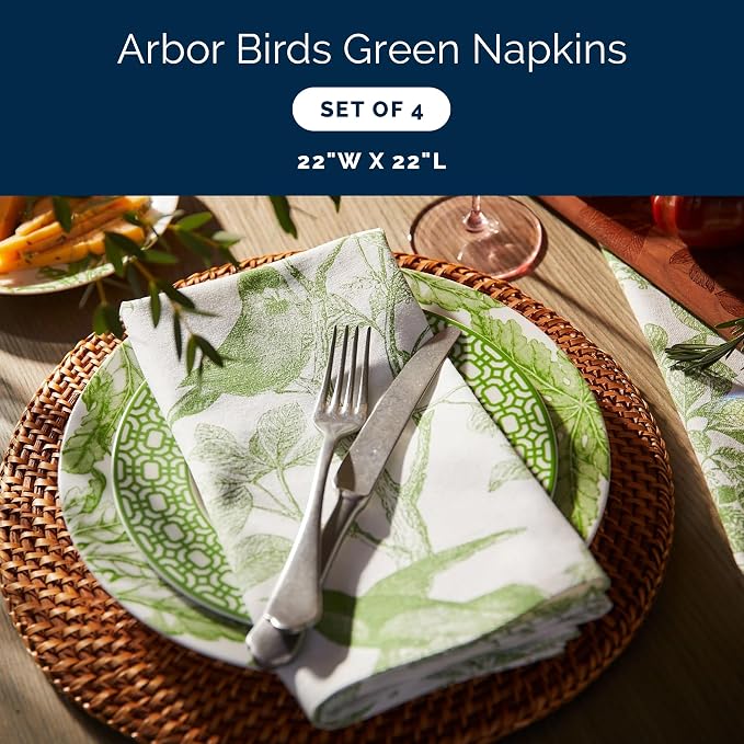 Arbor Birds Green Dinner Napkins Set of 4 | 100% Cotton Cloth Set for Entertaining or Everyday Table | for Wedding, Birthday, Christmas Green and White, 22 Inch Square - Image 2