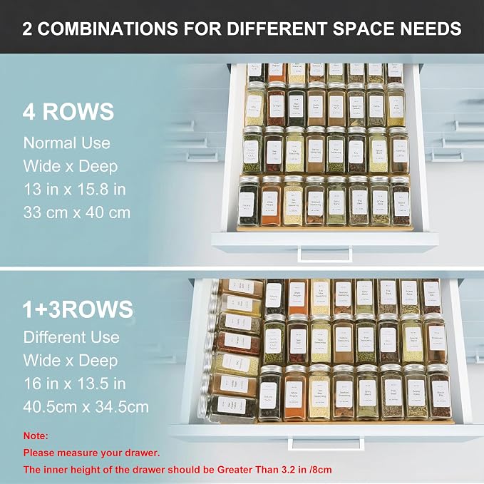 Spice Drawer Organizer with 28 Spice Jars and 216 Labels,Non-slip Rubber, Bamboo 4 Tier Spice Racks Tray Seasoning Containers for Kitchen Drawers,Cabinets,Countertops,13" Wide * 15.8" Deep - Image 7