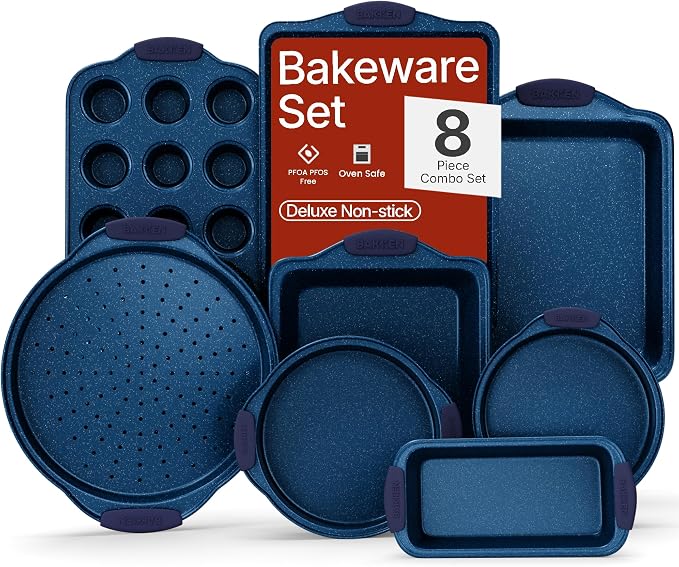 BAKKEN Kitchen Baking Pan Set - Nonstick Coating, Carbon Steel Bakeware Sets with Blue Silicone Handles, Baking Kitchen Essentials, PFOA, PFOS, PTFE Free, Oven Safe Tray (Up To 450° F), Set of 8 by BAKK%C3%8BNMASTER